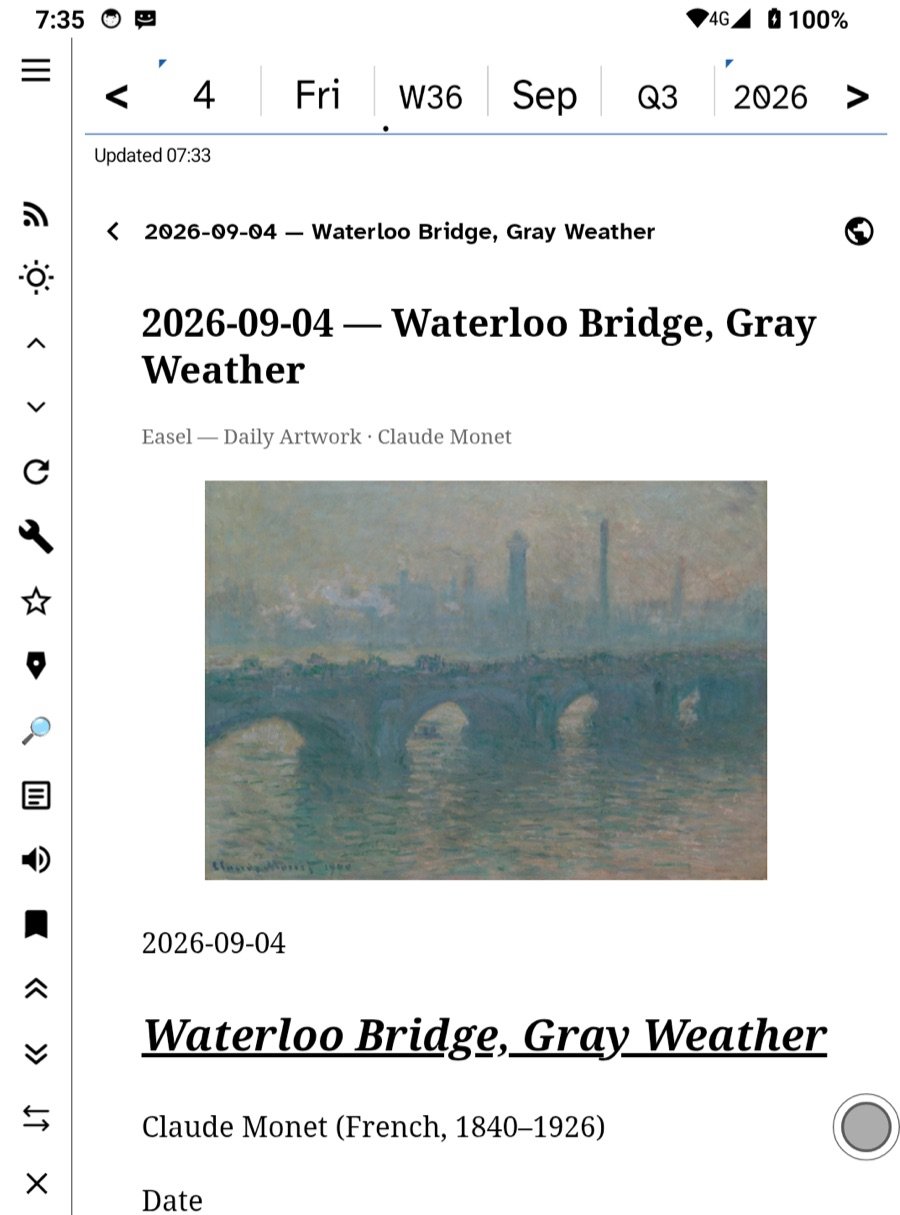 An article open on an e-ink phone: a Monet painting and the rail of reading verbs