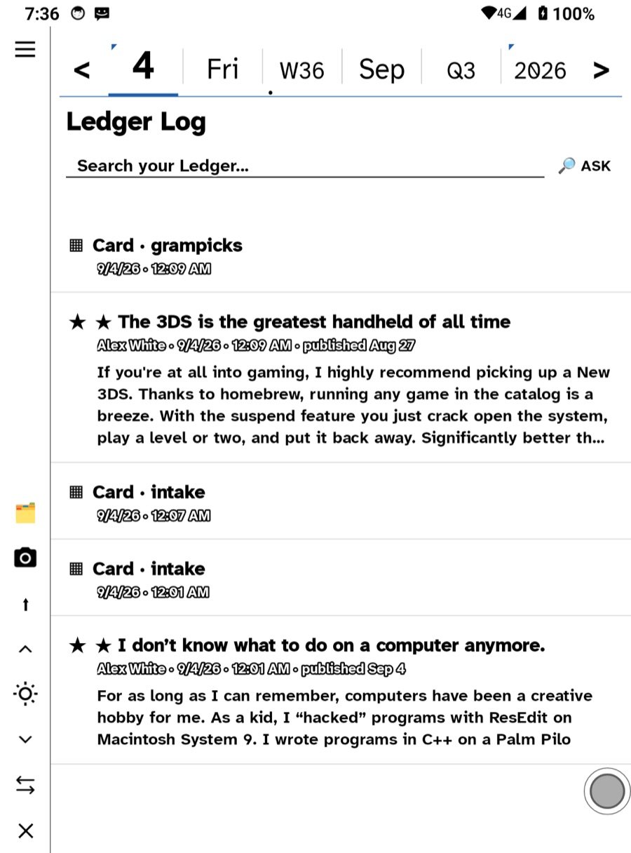 The Ledger Log on an e-ink phone