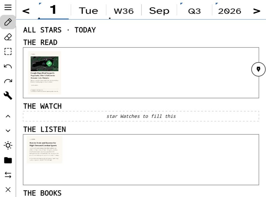 All Stars on a Boox: The Read, The Watch, The Listen, The Books, each with cards