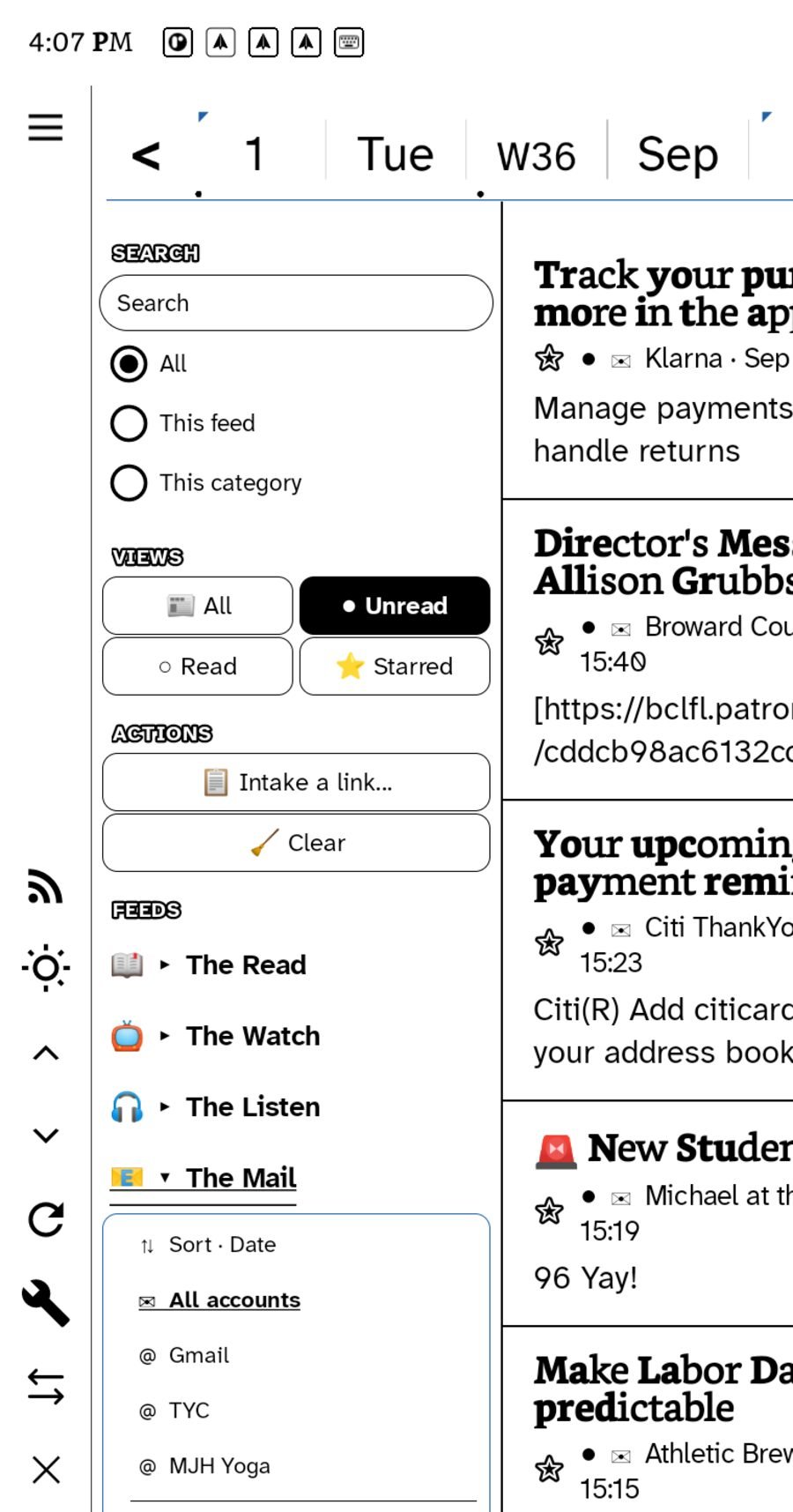 The mail controls column with search scope, view filters, actions and a feeds tree expanding The Mail into accounts