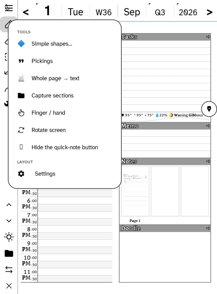 The Quick tools menu with shapes, pickings, whole-page transcription and more