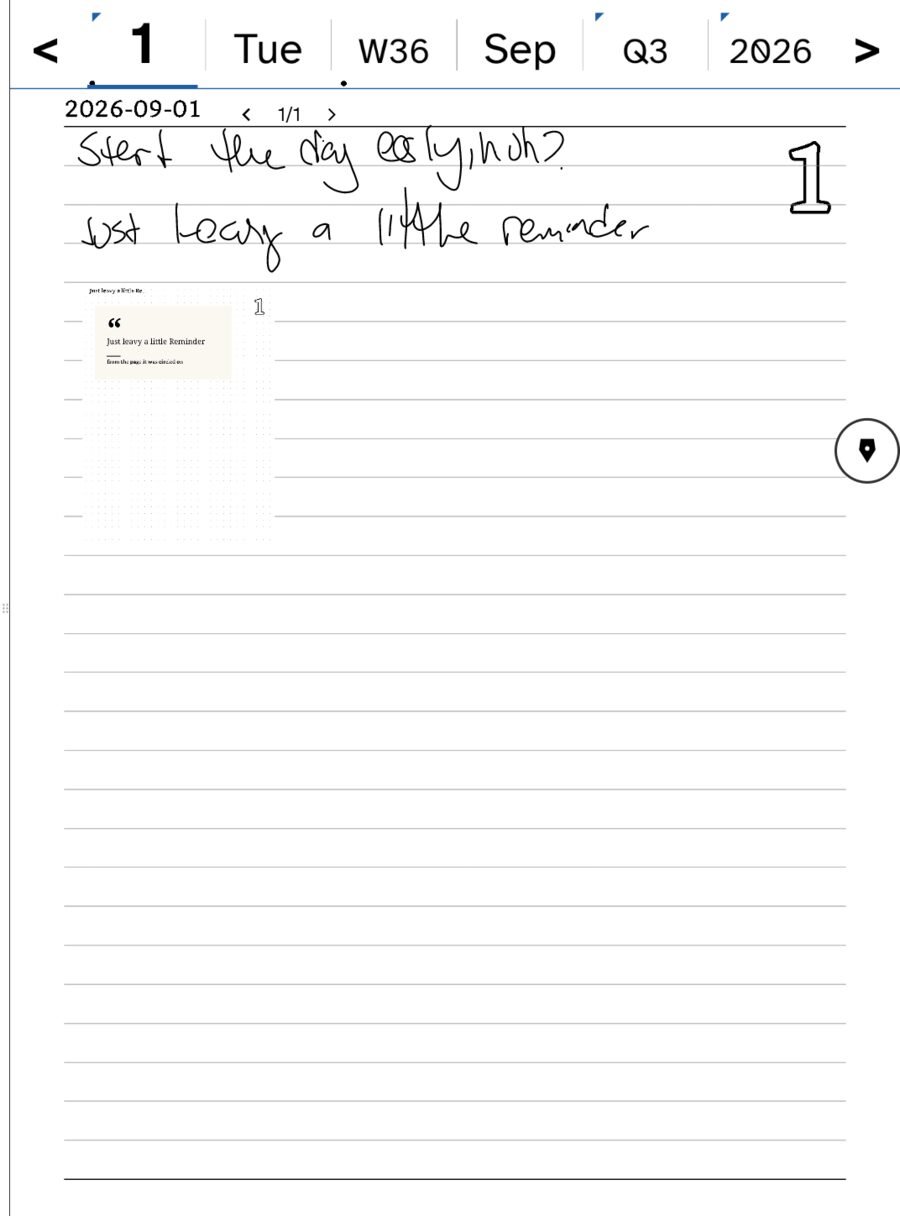 A note page opened straight from the day page, with a pager at the top