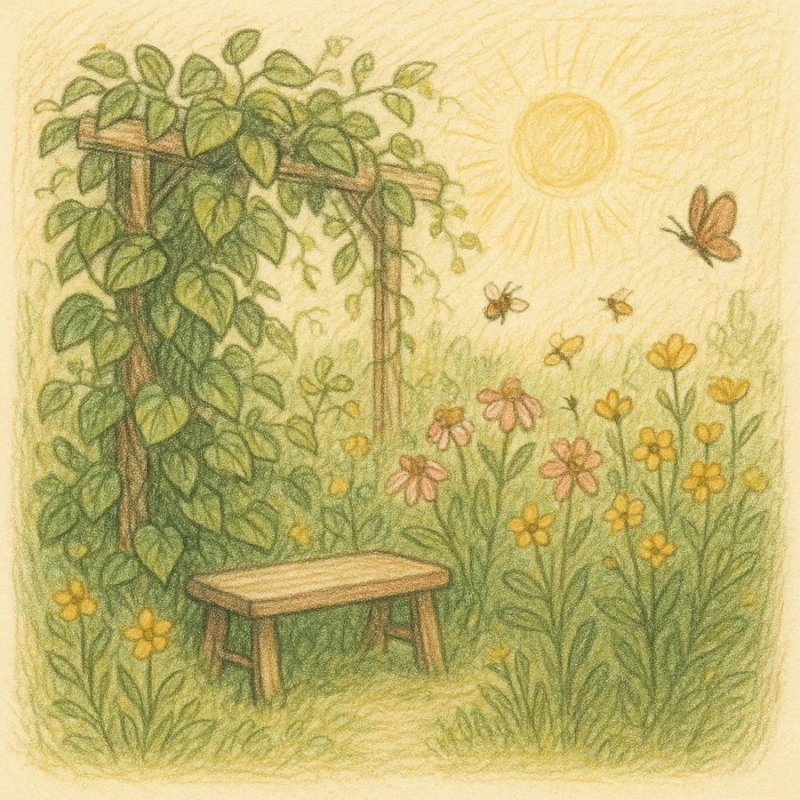A colored-pencil drawing of a lush garden with a trellis, wildflowers, a bench, a sun and a butterfly