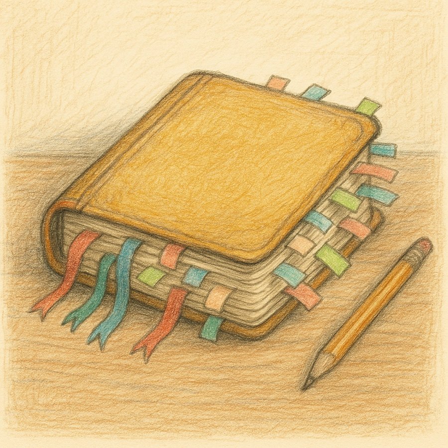 A colored-pencil drawing of a worn yellow leather notebook bulging with ribbon bookmarks and sticky tabs, a pencil beside it